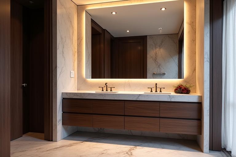 Baño elegante con doble lavabo y gran espejo retroiluminado.