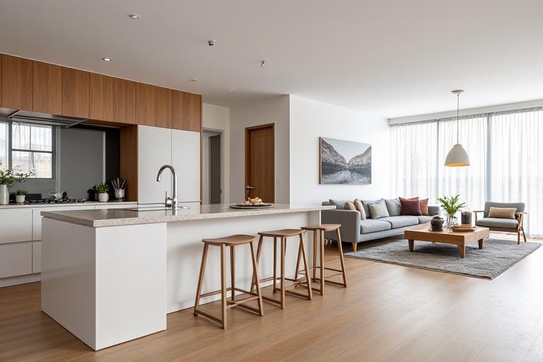 Cocina moderna con península, integrada en el salón.