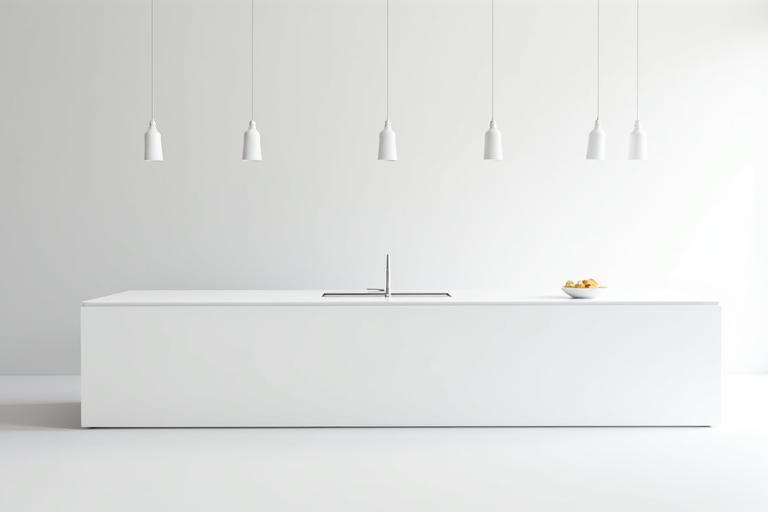 Cocina minimalista blanca con una gran isla central.