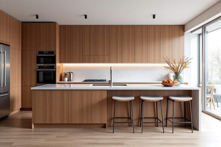 Cocina de diseño con isla central y acabados de madera.