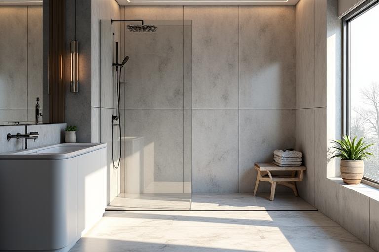 Baño moderno con ducha a ras de suelo y azulejos de diseño.